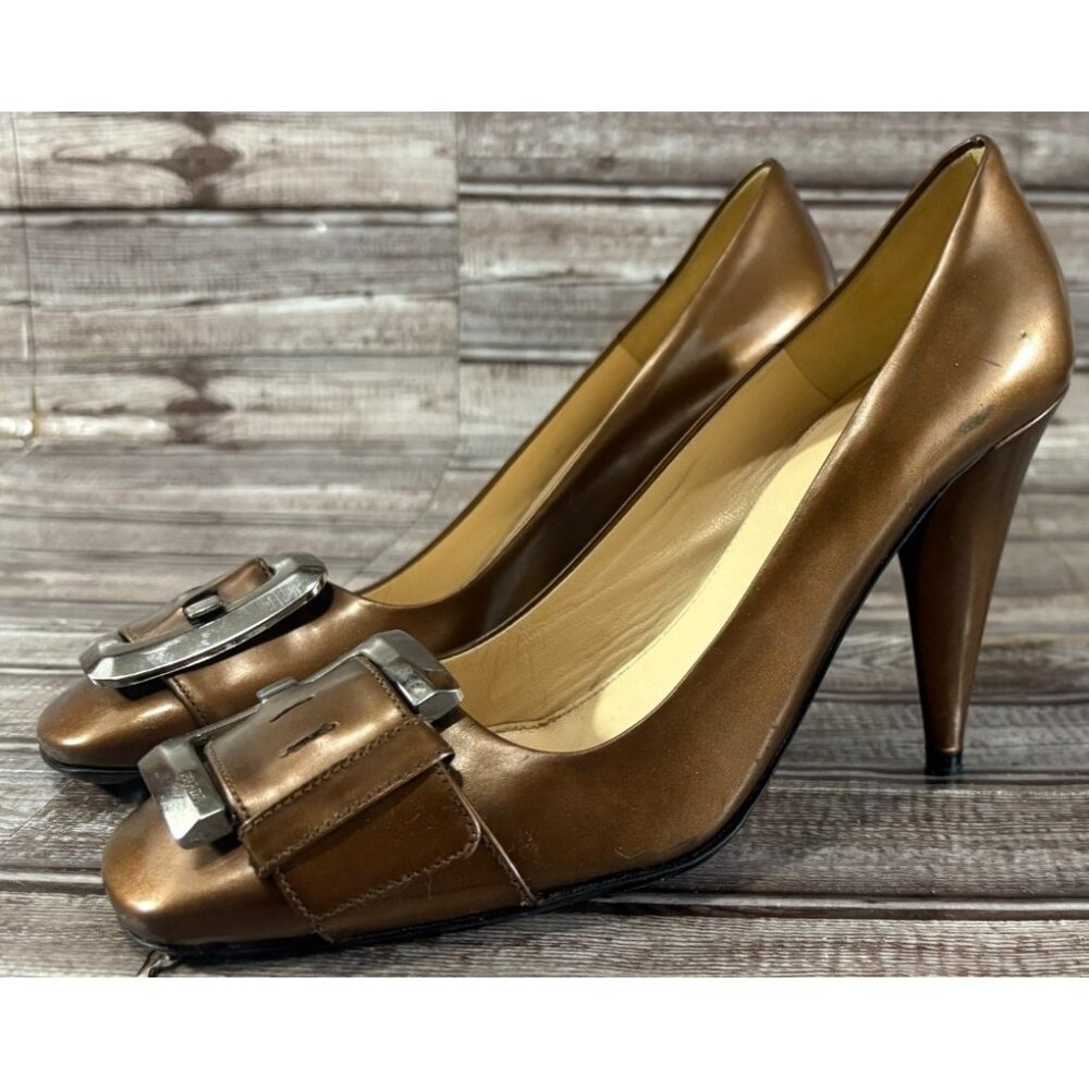 Prada Leather Patent Buckle Square Heel Shiny Ombre Core sz 36 US 6 color Gold